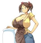 1girl animal_ears apron breasts brown_hair cleavage cow_girl cow_girl_(hataraki) curvy denim erect_nipples female hataraki_ari horns huge_breasts jeans original pants shirt short_hair short_twintails solo standing twin_tails twintails yellow_eyes