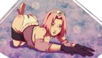 1girl all_fours ass bare_shoulders blush breasts feet female female_only fishnet gloves goldcoinsuperstar green_eyes headband looking_at_viewer naruto naruto_shippuden nipples panties pink_hair sakura_haruno short_hair smile solo toes underwear white_panties