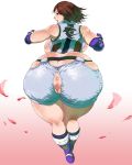 1girl akr akr_(qpqpqp) anus ass bad_anatomy big_ass boots breasts brown_eyes brown_hair censored elbow_gloves fat fat_mons gloves high_res highres hips huge_ass kazama_asuka looking_back plump pointless_censoring pov pussy sideboob solo tekken thick_thighs thighs torn_clothes wide_hips