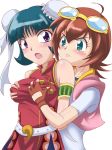  2girls amano_madoka bare_shoulders beyblade beyblade_metal_fusion big_breasts blush breast_grab breasts breasts_grab china_dress chinese_clothes double_bun dress fingerless_gloves footwear gloves grabbing green_hair high_res hug hug_from_behind huge_breasts loose_socks madoka_amano makino_tomoyasu mei_mei mei_mei_(beyblade) metal_fight_beyblade multiple_girls open_mouth pixiv_thumbnail purple_eyes red_hair resized sitting socks sweat takappe tkp yuri 