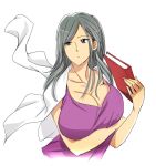 1girl blue_eyes book breasts cleavage female hataraki_ari huge_breasts long_hair milf silver_hair simple_background solo upper_body white_background