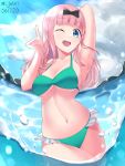 1girl bikini breasts chika_fujiwara fox_shadow_puppet fujiwara_chika jebi kaguya-sama_wa_kokurasetai_~tensai-tachi_no_renai_zunousen~ long_hair looking_at_viewer medium_breasts one_eye_closed pink_hair swimsuit wink