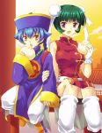  1boy 1girl 2girls bare_shoulders beads beyblade beyblade_metal_fusion big_breasts blue_hair breasts chi-yun_li china_dress chinese_clothes double_bun fingerless_gloves footwear gloves green_hair high_res huge_breasts loose_socks makino_tomoyasu mei_mei mei_mei_(beyblade) metal_fight_beyblade multiple_girls open_mouth purple_eyes short_hair sitting socks sweat 