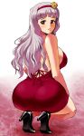  1girl absurd_res absurdres alluring amanooni_touri ass dress grey_hair high_heels high_res highres huge_ass idolmaster red_eyes shijou_takane shoes squatting voluptuous yokkora 