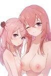 1girl 2_girls asymmetrical_docking big_breasts breast-to-breast breast_press breasts completely_nude flower hair_flower hair_ornament height_difference high_resolution incest inui_sajuna inui_shinju luma_li multiple_girls nipples nude nuzzle one_eye_closed pink_hair purple_eyes siblings simple_background sister sisters small_breasts sono_bisque_doll_wa_koi_wo_suru white_background yuri