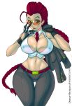 1girl adjusting_sunglasses ahoge bare_shoulders belly belt between_breasts blue_eyes braid breasts capcom cleavage crimson_viper dark_skin detached_collar ear_studs earrings gloves hair highres huge_breasts jacket_over_shoulder jewelry long_hair midriff milf navel neck_tie necktie osmar-shotgun pompadour red_hair single_braid slender_waist solo street_fighter street_fighter_iv sunglasses thigh_gap toned transparent_background very_long_hair wide_hips