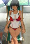 1girl anime beach_chair bikini black_hair blue_eyes bokura_no_sex breasts cleavage crossed_legs dark-skinned_female dark_skin hentai inomaru large_breasts lifeguard navel one-piece_tan red_bikini red_swimsuit screencap short_hair sitting stitched swimsuit tan tan_line thighs whistle wide_hips