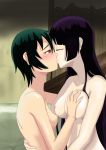 2girls blush breast_grab breasts closed_eyes dan_hibiki_(artist) grabbing green_hair hair highres incest kanoe_kirie kanoe_yuuko kiss kissing long_hair multiple_girls nude red_eyes short_hair tasogare_otome_x_amnesia yuri