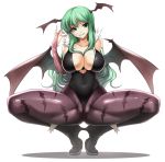  1girl bare_shoulders bat_print bat_wings big_breasts breasts bridal_gauntlets cameltoe capcom cleavage demon_girl green_eyes green_hair head_wings high_heels kazutani_ninshi large_breasts legs leotard long_hair looking_at_viewer morrigan_aensland pantyhose patterned_legwear print_legwear print_pantyhose shoes smile solo spread_legs squatting succubus thick_thighs thighs vampire_(game) wadani_hitonori wedgie white_background wings 