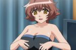 1girl anime arm arms bare_shoulders breasts breasts_out breasts_outside brown_hair chichinoya cleavage collarbone female fukunaga_aoi gif hentai isshoni_h_shiyo short_hair solo strapless undressing yellow_eyes