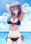  1girl 1girl absurd_res alluring armpits arms_up bare_arms bikini black_bikini black_hair blue_sky breasts chakuma_(yiyh1468) cleavage cloud collarbone contrail cowboy_shot day front-tie_bikini_top front-tie_top gradient_hair halterneck hands_in_hair high_res long_hair looking_at_viewer medium_breasts multicolored_hair navel ocean outside purple_hair side-tie_bikini_bottom signature silf sky sparkle standing straight_hair summer sunlight swimsuit under_boob yahari_ore_no_seishun_lovecome_wa_machigatteiru. yukinoshita_haruno 