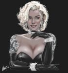 black_eyes blonde_hair earrings geminisoku marilyn_monroe milf pin-up smirk tattoo tattooed_arm tattooed_girl tattoos