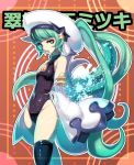  1girl black_legwear detached_sleeves green_eyes green_hair hat kazutani_ninshi long_hair mitsuki_(shinrabanshou) navel open_mouth shinrabanshou solo star stockings tentacle tentacle_hair thighhighs wadani_hitonori water wide_hips 