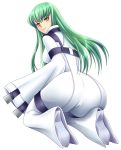 1girl ass c.c. cameltoe cc code_geass green_hair huge_ass kneel kneeling long_hair looking_back shiny shiny_hair solo white_background yellow_eyes yumeno_naka