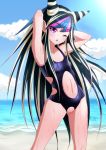 1girl armpits arms_raised arms_up bare_legs beach black_hair blue_hair blush breasts cleavage collarbone crotchless crotchless_swimsuit cutout danganronpa facial_piercing highres kerokero00frog mioda_ibuki multicolored_hair navel ocean one-piece_swimsuit piercing pink_hair purple_eyes pussy small_breasts solo super_dangan_ronpa_2 super_danganronpa_2 swimsuit uncensored water wet white_hair wink