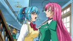 3_girls 3girls akashiya_moka angry animated animated_gif anime asymmetrical_docking big_breasts blue_hair breast_press breasts cap docking ecchi gif green_shirt kurono_kurumu kurumu_kurono lowres moka_akashiya multiple_girls pink_hair rosario_+_vampire rosario_to_vampire screencap shirt sweater symmetrical_docking