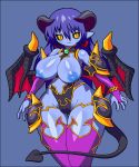 astaroth_(shinrabanshou) big_breasts black_sclera blue_hair blue_skin blush breasts demon_girl demon_horns demon_tail demon_wings highres hips horns large_breasts nipples pointy_ears sakuemon shinrabanshou smile source_request succubus tail wide_hips wings yellow_eyes