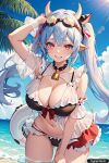 1girl ai_generated animal_ears animal_print bare_shoulders big_breasts bikini blue_hair breasts catura_(granblue_fantasy) cleavage cow_ears cow_girl cow_print female_only goggles goggles_on_head granblue_fantasy light_blue_hair looking_at_viewer neck_bell pointy_ears print_bikini red_coat swimsuit trynectar.ai twin_tails yellow_eyes