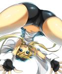  1boy aqua_eyes arc_system_works ass bike_shorts blonde_hair bridget_(guilty_gear) bulge fang fingerless_gloves from_below gloves guilty_gear kazutani_ninshi long_hair male male_focus navel open_mouth shiny shiny_skin simple_background solo trap wadani_hitonori white_background 