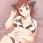  1girl amagami animal_ears bra breasts brown_eyes brown_hair cow_ears cow_horns cow_print hand_on_own_stomach hand_on_stomach horns looking_at_viewer lying marumaron on_back panties plump sakurai_rihoko short_hair side-tie_panties solo underwear underwear_only 