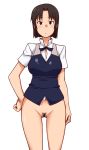 1girl black_eyes black_hair bottomless brown_hair hand_on_hip kyosu looking_at_viewer no_panties pubic_hair shirafuji_kyouko short_hair simple_background solo standing thigh_gap white_background working!!