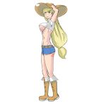  1girl alskdjzz1 applejack_(mlp) ass breasts cowboy_hat cutie_mark denim_shorts green_eyes hat long_hair my_little_pony shorts solo underboob 