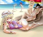 >_< 5_girls 5girls :p age_difference alice_margatroid angry arms_behind_head barefoot beach big_breasts bikini bikini_tan black_hair blonde_hair blue_hair bow breasts censored chasing cirno clenched_hand clenched_hands closed_eyes clothes_thief clothing_thief cloud clouds curvy feet female fist flat_chest fundoshi green_eyes hair hair_bow hairband hakurei_reimu hand_on_hip hat headgear highres hips kirisame_marisa kneel kneeling long_hair lying mayo mayo_(inumayo) mayo_(pixiv) multiple_girls navel novelty_censor nude ocean on_side one-piece_swimsuit open_mouth outside pasties plump purple_eyes ribbon ribbons running sand sarashi sea short_hair sideboob sky sleeping small_breasts star stars swimsuit swimsuit_thief tan tan_line theft thighs toes tongue tongue_out touhou umbrella water wide_hips witch_hat yakumo_yukari zenra