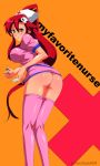 ass bent_over blush hair_ornament hat leaning_forward long_hair nikochan no_panties nurse ponytail pussy red_hair smile syringe tengen_toppa_gurren_lagann thighhighs uncensored very_long_hair yoko_littner