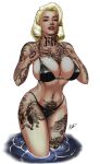 bikini black_eyes blonde_hair geminisoku marilyn_monroe milf pin-up tattoo tattooed_arm tattooed_girl tattoos