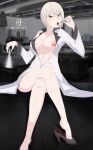  alluring bare_legs big_breasts gear_art high_heels naked_from_the_waist_down nakiri_alice red_eyes shirt_open shokugeki_no_souma silver_hair tongue_out vial vials 