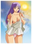  1girl athena_(saint_seiya) bangs big_breasts blue_sky border breast_slip breasts brown_eyes clavicle cleavage cloud collarbone day dress hands_up lipstick long_hair lupincomic makeup nipples no_bra outside panties pink_lips pink_panties printed_panties purple_hair saint_seiya saori_kido sky standing star_(symbol) star_panties star_print sun underwear undressing white_border white_dress 