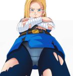  1girl android_18 angry belt blonde_hair blue_eyes blush crossed_arms dragon_ball dragon_ball_z earrings from_below frown hair jewelry panties panties_under_pantyhose pantyhose pantyshot raburebo ripped_stockings short_hair skirt solo stockings torn_clothes torn_pantyhose underwear upskirt 