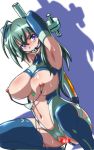  1girl ahoge armpits bad_id ball_gag bdsm blush bondage bound censored clitoris_piercing clitoris_ring gag gagged green_hair higashiyama_(artist) itsuki_kannagi kannagi_itsuki linked_piercing nipple_chain nipple_piercing nipple_rings nipples piercing purple_eyes saliva solo sora_wo_kakeru_shoujo sweat thighhighs wiffle_ball_gag 