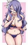 1girl alluring big_breasts bikini bikini_bottom bikini_top blue_hair breasts camilla camilla_(fire_emblem) cleavage finger_to_mouth fire_emblem flashing flower hair_ornament hair_over_one_eye lavender_eyes long_hair navel nipple smile thighs