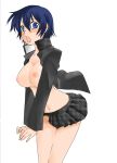  1girl atlus bad_id blue_eyes blue_hair breasts koue megami_tensei no_bra open_clothes open_mouth open_shirt persona persona_4 shirogane_naoto shirt short_hair solo sora_megumu white_background 