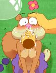 1boy 1girl bikini_top blush brown_fur cum_in_mouth cum_in_nose cum_on_breasts cum_out_nose fellatio fluffy_tail furry grass helmet navel nickelodeon oral pov rodent sandy_cheeks skirt spongebob_squarepants squirrel surprised topless veiny_penis wide_eyed