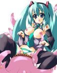 1girl akikaze_tsumuji bad_id blue_eyes blue_hair blush breasts detached_sleeves hatsune_miku large_breasts long_hair megurine_luka miku_hatsune necktie nipples open_clothes panties striped striped_panties takoluka tentacle tentacles thighhighs twintails underwear vocaloid you_gonna_get_raped yuri