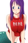 1boy 1girl blue_eyes breasts censored dragon_ball dragon_ball_(classic) hetero highres large_breasts long_hair lowres mermaid mermaid_(dragon_ball) monster_girl penis pie_pie_t-shirt purple_hair solo_focus trinitron_cg