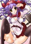  1girl bankoku_ayuya belt black_legwear blue_hair chunsoft dragon_quest dragon_quest_ii enix long_hair long_sleeves nipple_slip nipples panties partially_visible_vulva princess_of_moonbrook purple_hair solo spread_legs thighhighs torn_clothes underwear white_panties yellow_eyes 