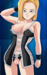 android android_18 blonde_hair blue_eyes blush breasts censored collarbone corset cosplay dragon_ball dragon_ball_z dragon_quest dragon_quest_viii earring earrings hair jessica_albert jewelry lingerie nipple nipple_slip nipples pussy pussy_juice short_hair smile trinitron_cg underwear