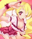 \m/ blonde_hair blush bodai breasts cure_peach earrings flashing fresh_precure! fresh_pretty_cure fresh_pretty_cure! frills jewelry long_hair magical_girl momozono_love nipples parody pink_eyes precure pretty_cure rabu_momozono seikan_hikou small_breasts tongue twintails very_long_hair wink