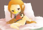 1girl barefoot bottomless censored cum cum_in_pussy eyebrows feet medli nintendo pillow pointy_ears pussy red_eyes solo the_legend_of_zelda the_legend_of_zelda:_the_wind_waker toes