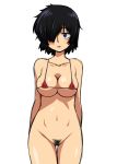  1girl areola_slip areolae bikini bikini_top black_eyes black_hair bottomless breasts cleavage hair_over_one_eye hips kyosu large_breasts micro_bikini navel nazo_no_kanojo_x pubic_hair pussy short_hair solo swimsuit urabe_mikoto 