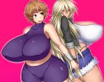  2girls blonde_hair blue_eyes blush breasts brown_hair curvy gigantic_breasts hair hatomame kurokagami_ryuuko long_hair multiple_girls open_mouth otogi_tetsurou short_hair smile 