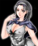 1041_(toshikazu) 1girl alluring black_background black_hair breasts brown_eyes capelet cleavage curvy erect_nipples hairband jun_kazama kazama_jun large_breasts leotard lipstick looking_at_viewer makeup milf namco nipples red_eyes short_hair simple_background solo tekken tekken_2 tekken_tag_tournament tekken_tag_tournament_2