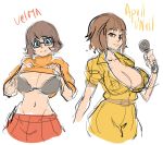 2_girls 2girls april_o'neil big_breasts black_bra bob_cut bra breasts brown_hair character_name cleavage crossover female_only glasses hanna-barbera huge_breasts jumpsuit maniacpaint microphone midriff multiple_girls navel no_bra orange_shirt rough scooby-doo shirt shirt_lift short_hair simple_background sketch skirt sleeves_pushed_up slender_waist smile sweater sweater_lift teenage_mutant_ninja_turtles turtleneck turtleneck_sweater underwear velma_dinkley white_background