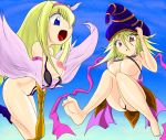  2girls barefoot bikini blonde_hair blue_eyes breasts feet gagaga_girl harpie_girl high_res nipples open_mouth pussy red_eyes short_hair wardrobe_malfunction yu-gi-oh! 