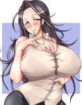  1girl black_hair blue_eyes blush breasts female high_res highres huge_breasts idolmaster idolmaster_cinderella_girls jewelry kinokoutarou milf necklace solo straining_buttons takahashi_reiko 