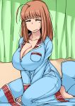  1girl =_= ahoge breasts brown_hair cleavage high_res highres huge_breasts long_hair maru_(maruttona) minoru_oba o-cup-chan ooba_minori original pajamas solo v_arms waking_up 