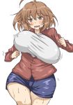  1girl @_@ ahoge blush bouncing_breasts breasts brown_eyes brown_hair drooling erect_nipples female huge_breasts maru_(maruttona) minoru_oba no_bra ooba_minori original plump saliva shorts simple_background solo sweat unaligned_breasts white_background 